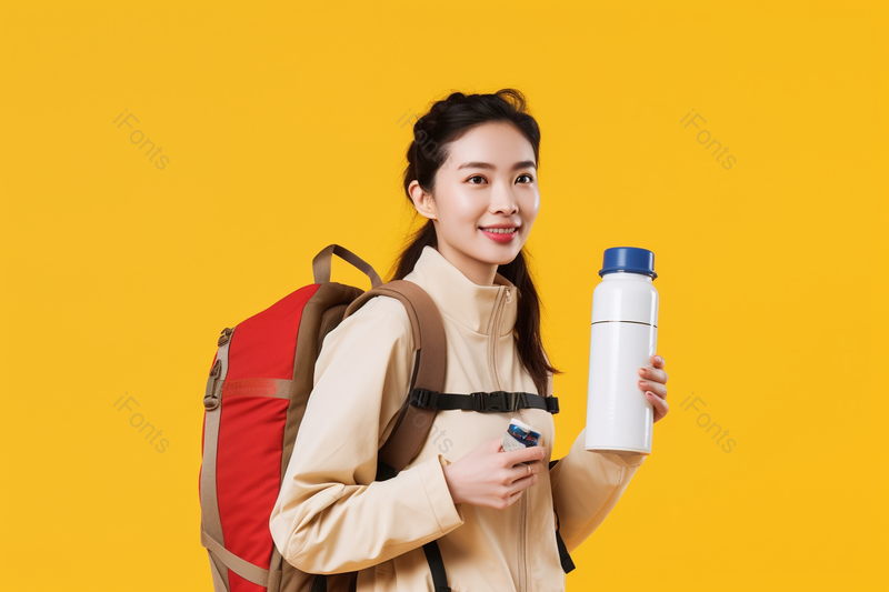 登山徒步手拿保温杯的青年女子,高清,摄影图,摄影图片,图片大全,摄影图免费下载